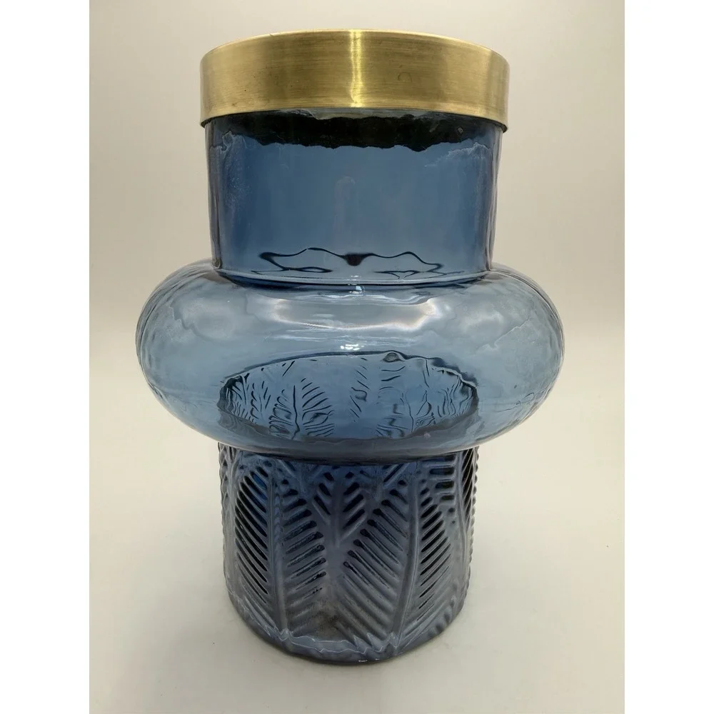 Contemporary MCM Blue Glass Vase Brass Rim Bubble Shape Fern Leaf Textured 8